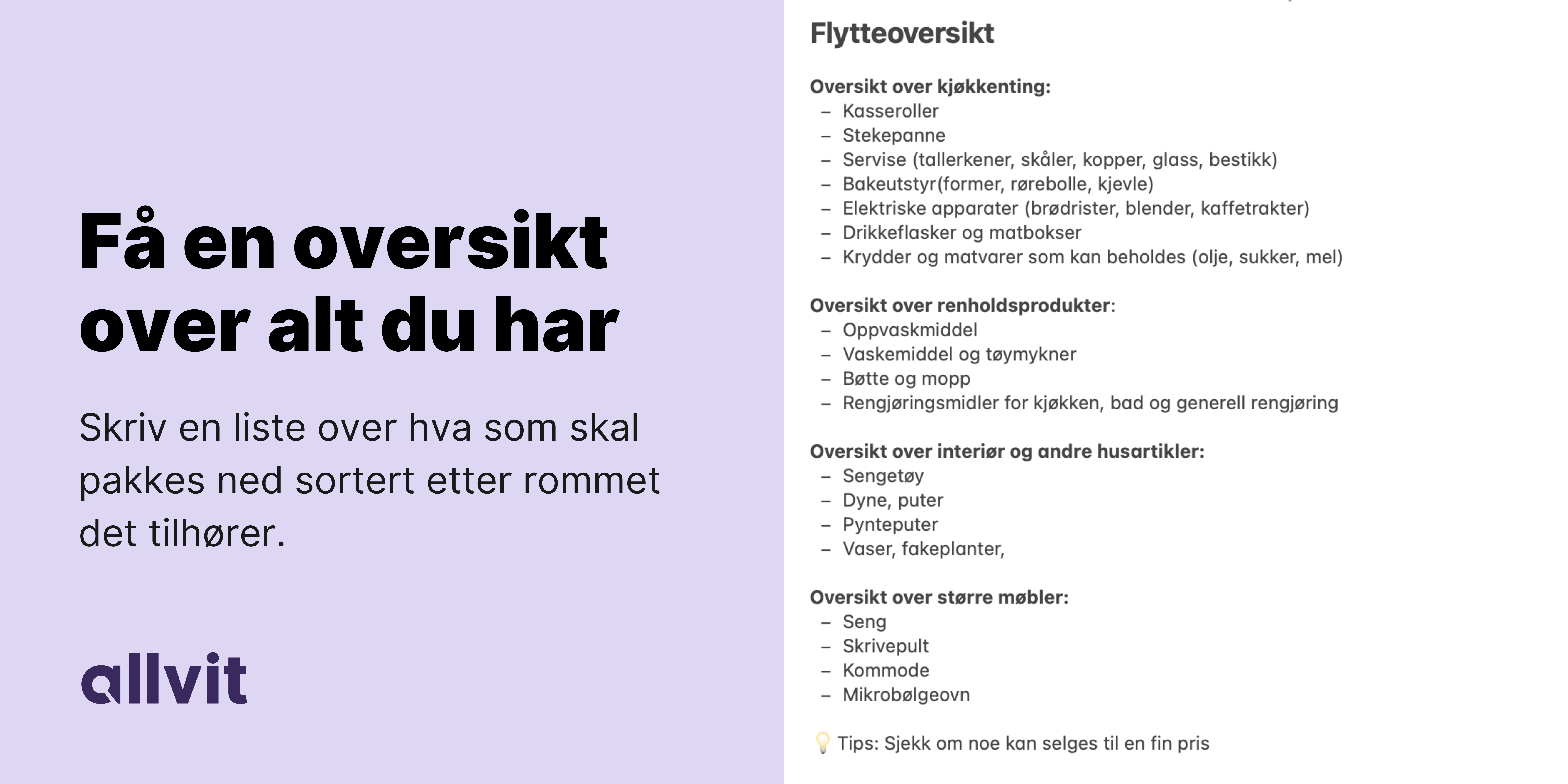 Et bilde med forslag til pakkeliste med tips ved siden av som sier "få en oversikt over alt du har". Grafisk.