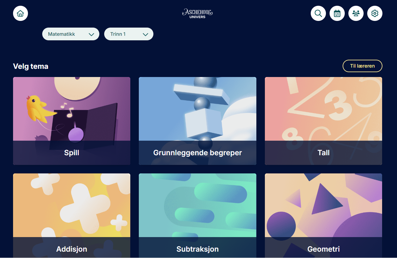 Fagforsiden til matematikk trinn 1 i Aunivers som viser like temainnganger.