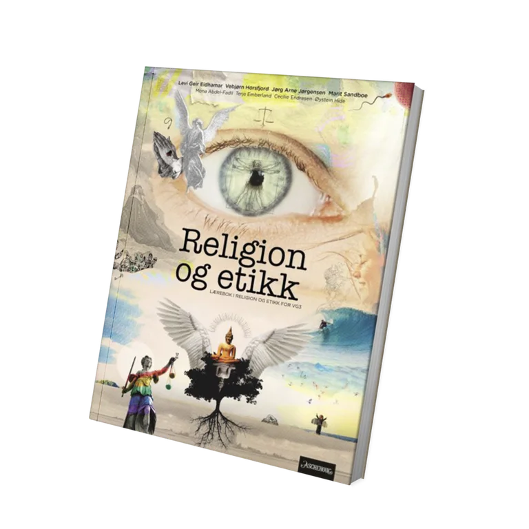 Bilde av læreboka Religion og etikk. Forsiden er en collage av mange religiøse symboler.