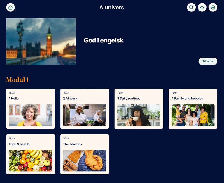 Skjermdump av forsiden til de digitale ressursene i Aunivers. Vi ser et bilde at The Big Ben i London og små bilder av mennesker i ulike situasjoner.