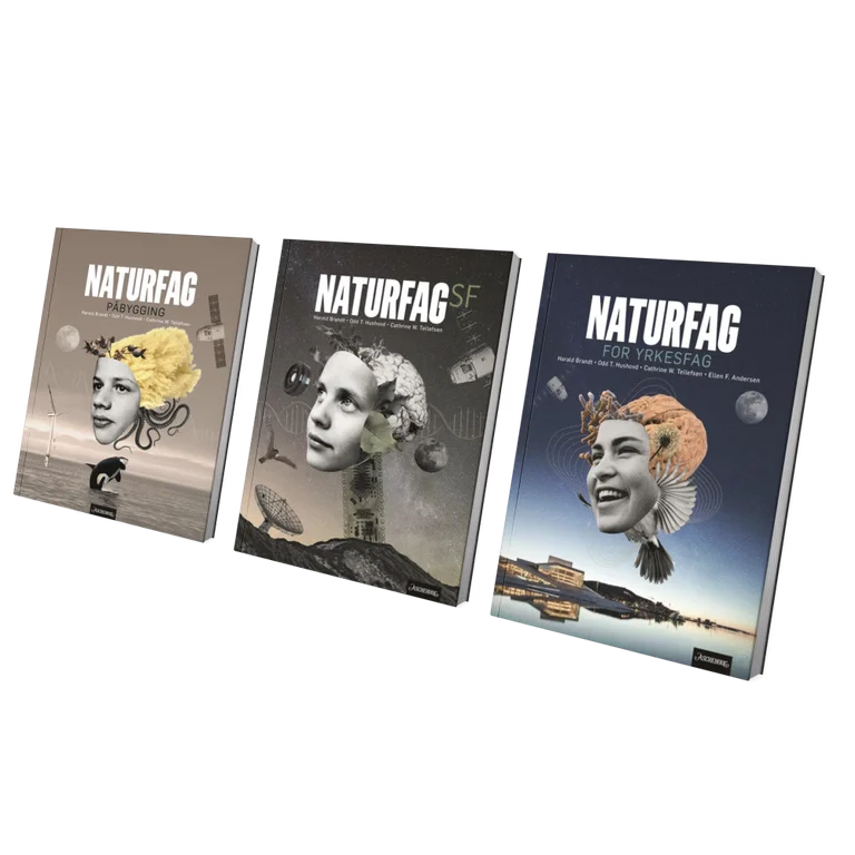 Tre lærebøker i naturfag for videregående på rekke og rad.