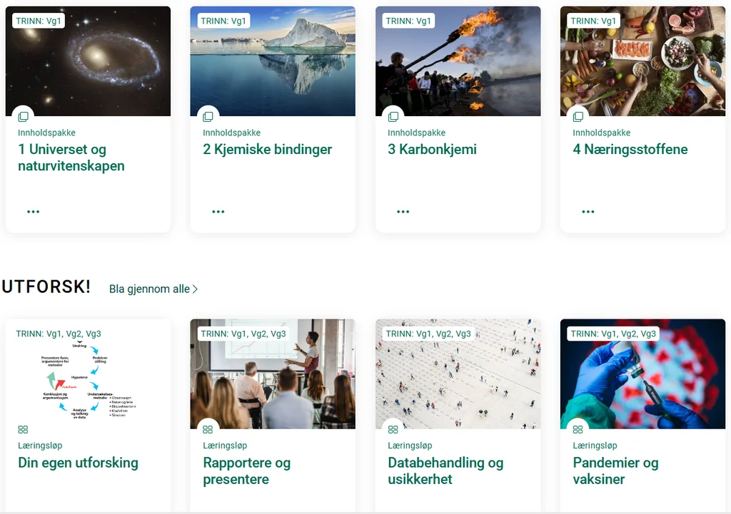 Miniatyrbilder og overskrifter viser de ulike inngangen i den digitale ressursen til naturfag på vgs.