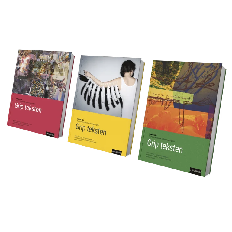 Lærebøker i norsk vgs på rekke og rad.