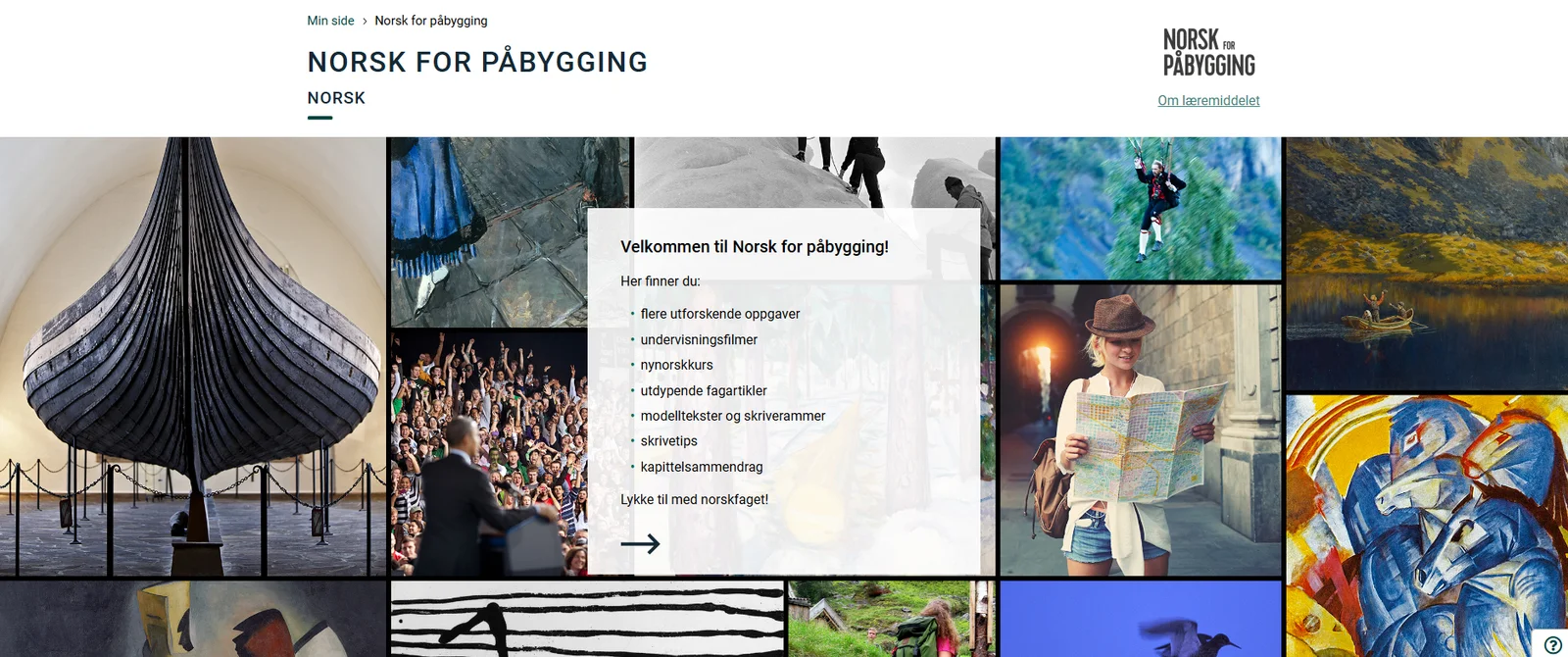 Mange små bilder satt sammen på forsiden til de digitale ressursene til Norsk for påbygging.