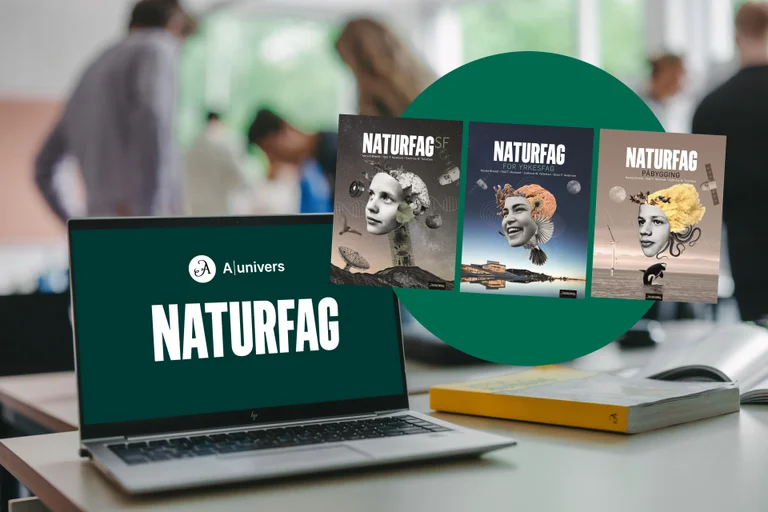 En PC-skjerm med logoene til Aschehougs læremidler i naturfag samt lærebøkene mot en grønn sirkel. I bakgrunnen ser vi konturene av elever i klasserommet.