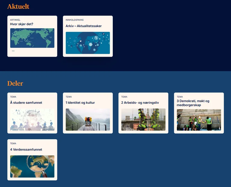 Bildet viser miniatyrbilder på forsiden til den den digitale ressursen FOKUS Samfunnskunnskap. Dette er innganger til de ulike temaene.
