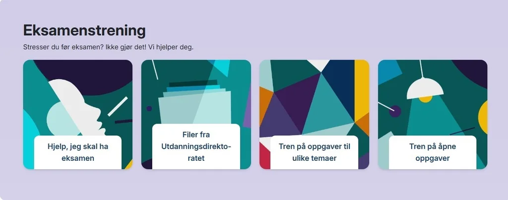 Fire bokser med grafiske motiver som viser innhold lærerne kan bruke til eksamensforberedelser.