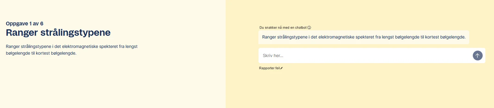 Bildet viser hvordan en chatbot i Modus naturfag stiller elevene spørsmål.