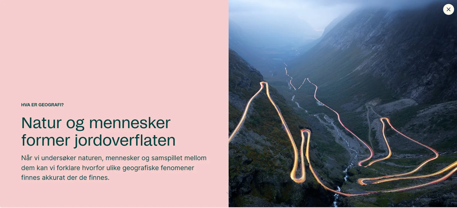 En skjermdump fra Modus geografi viser en opplyst svingete vei opp en fjellside.