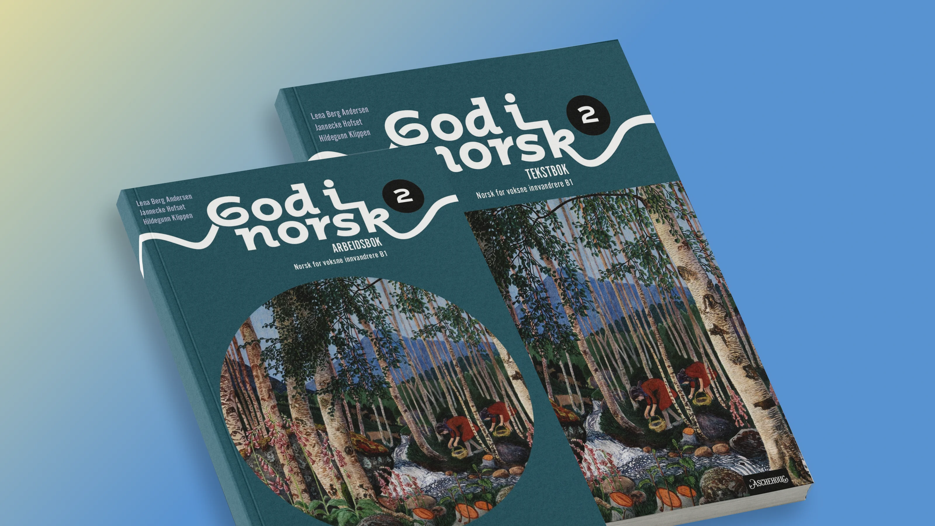 Bildet viser grunnbok og arbeidsbok av God i norsk 2. Bøkene har maleri av Nikolai Astrup på forsidene, og de ligger mot en blå bakgrunn.