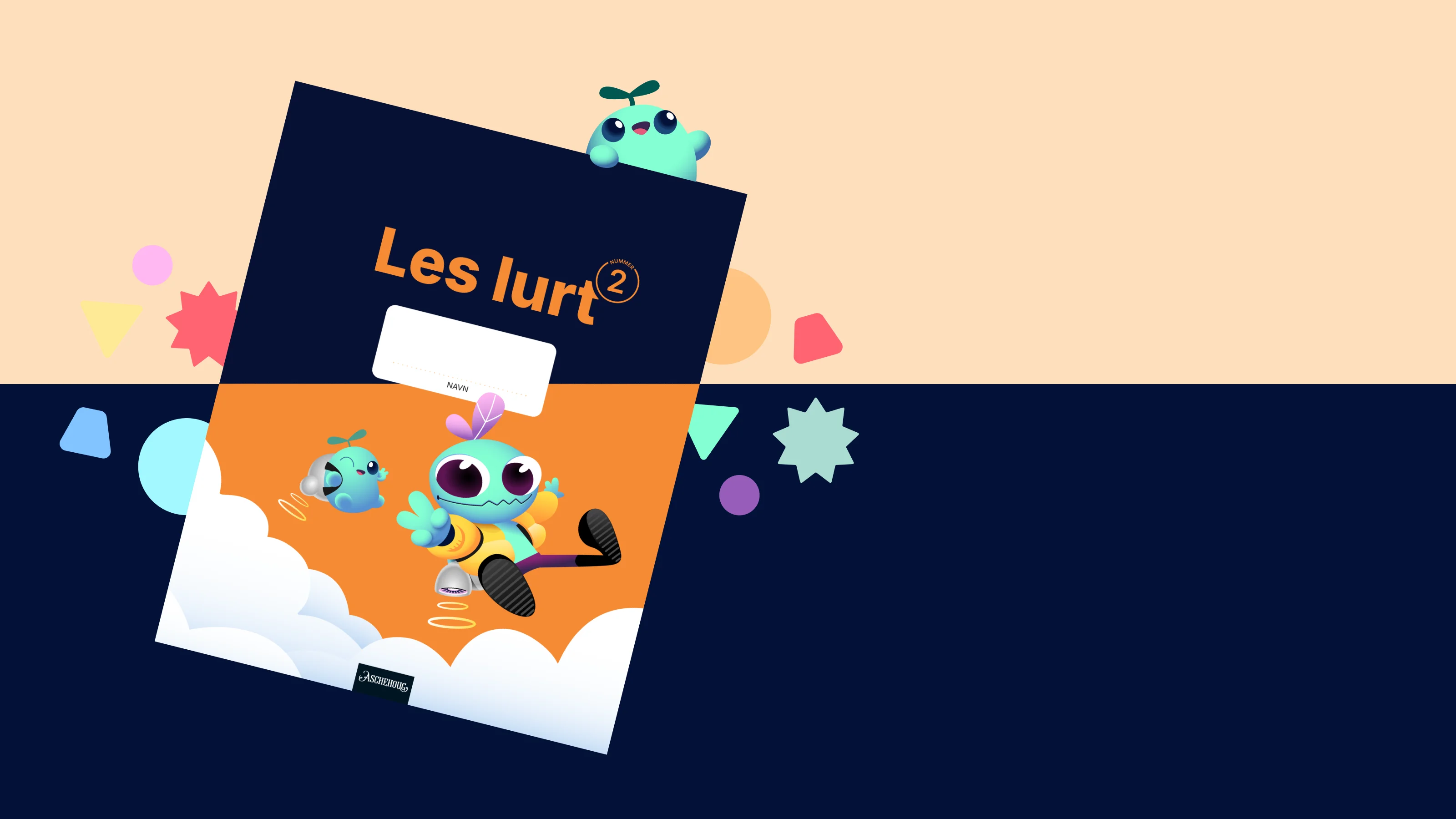 Bildet viser skoleboka Les lurt med en morsom turkis figur på omslaget. Rundt boka er det strødd flere grafiske elementer eller figurer.