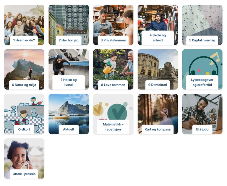 Mange små miniatyrbilder viser kapitlene til God i norsk på tvers modul i Aunivers.