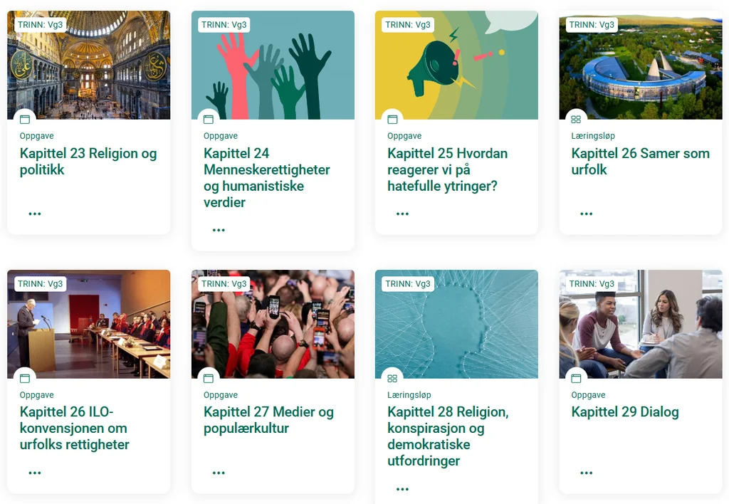 Miniatyrbilder som viser innganger til de ulike kapitlene til Religion og etikk i Aunivers.