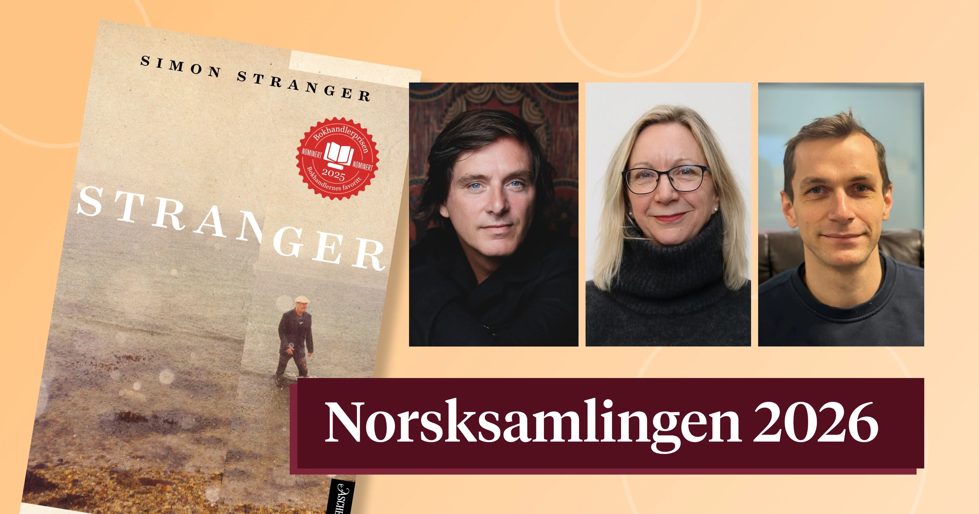 Bildet vise et bokomslag og tre portrett av dem som deltar på Norsksamlingen 2026