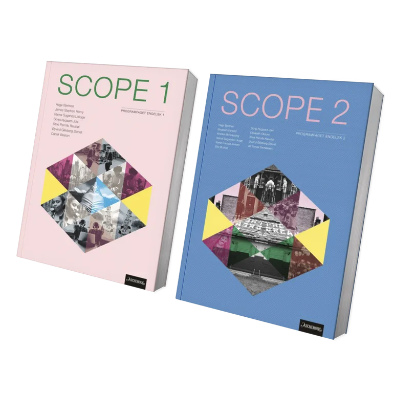 Bildet viser den rosa læreboka Scope 1 og den blå Scope 2. Begge har en sekskantet bildecollage på forsiden.