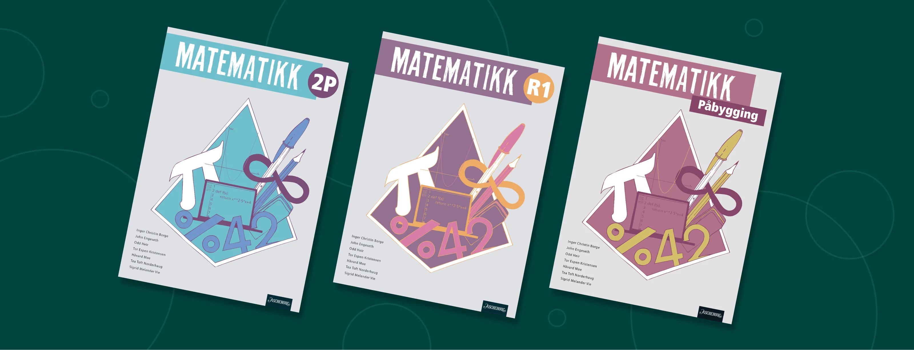 Bilde av de tre omslagene til matematikk for 2P, R1 og Påbygging. 