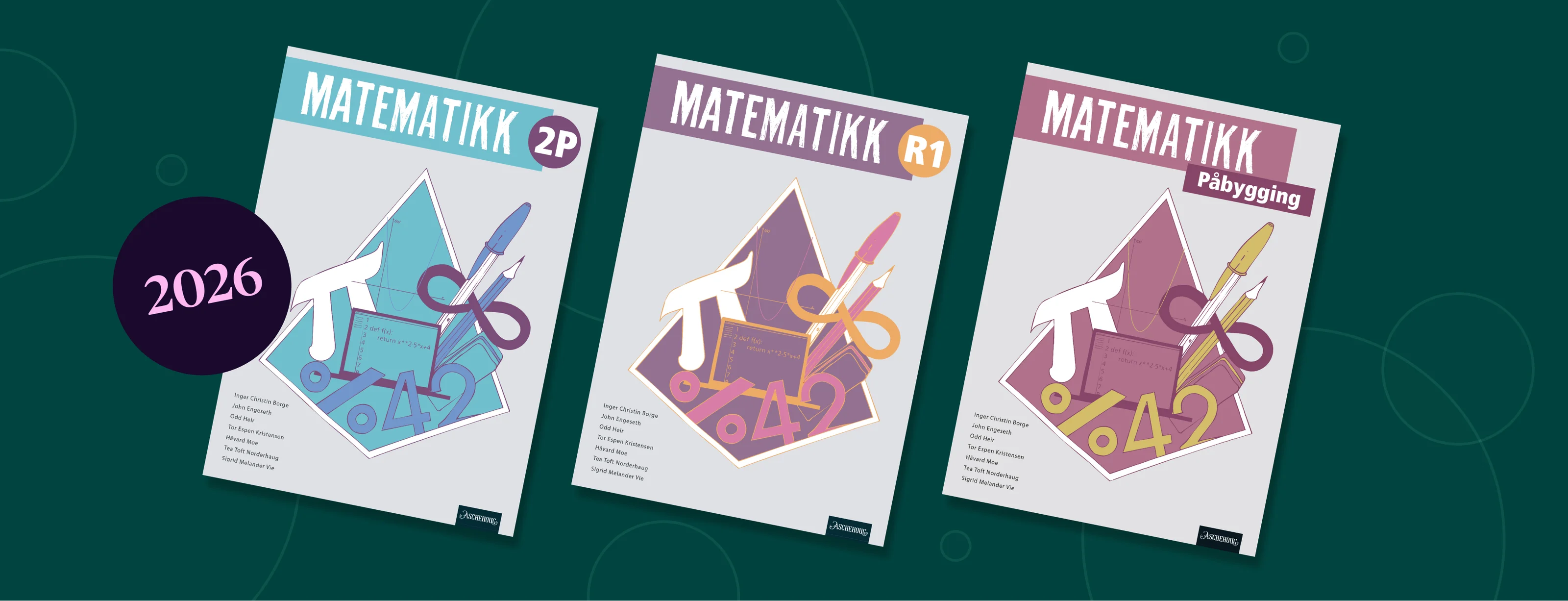 Bilde av de tre omslagene til matematikk for 2P, R1 og Påbygging. 
