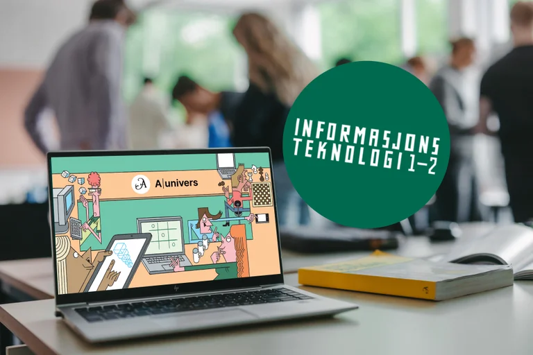 Bildet viser en PC-skjerm på et bord i klasserommet. På skjermen er det en fargerik tegning av elever som bruker skjerm. Ved siden av ligger en bok og i en sirkel står navnet på læremiddelet, Informasjonsteknologi 1–2. 
