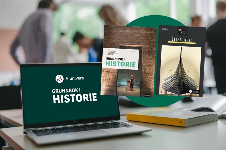 En PC-skjerm med logoene til Aschehougs læremidler i historie samt lærebøkene mot en grønn sirkel. I bakgrunnen ser vi konturene av elever i klasserommet.