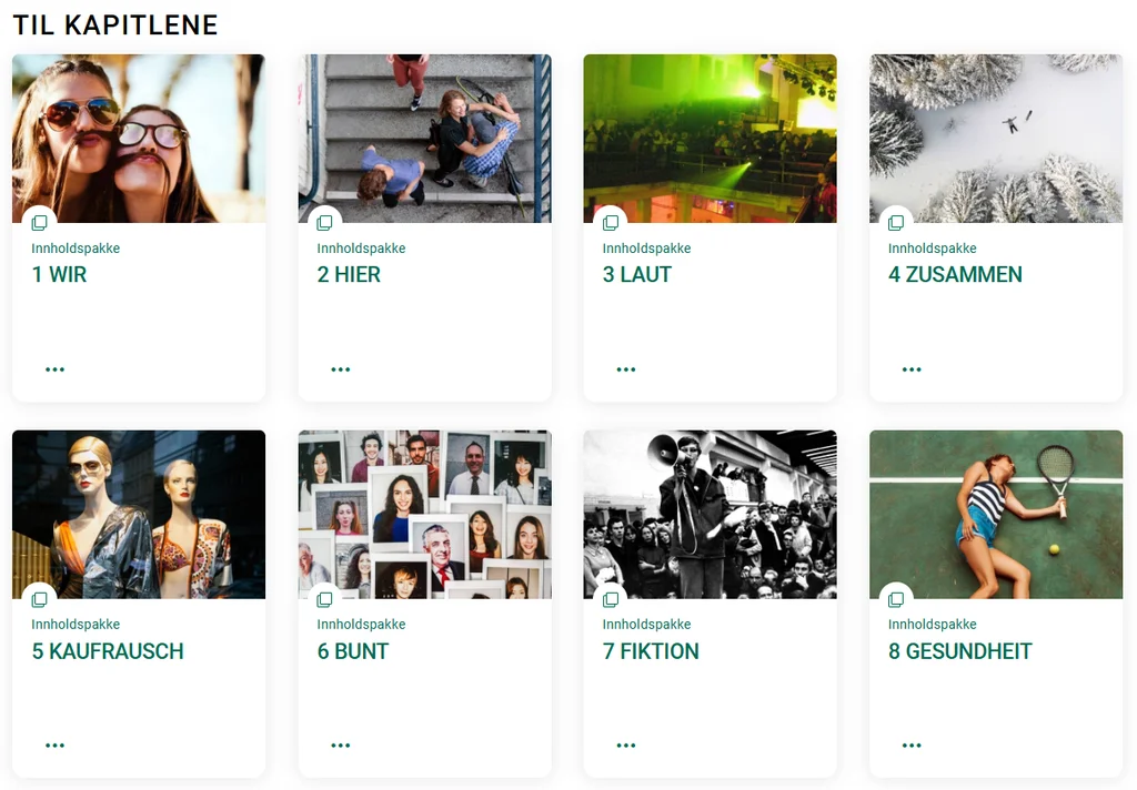 Bildet viser 8 miniatyrbilder som er innganger til de ulike kapitlene til Momente 2 i Aunivers.