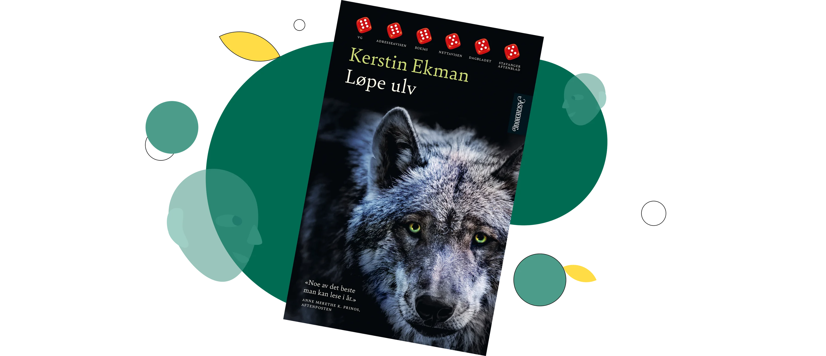 Bildet viser omslaget til Kerstin Ekmans roman Løpe ulv der vi ser ansiktet på en ulv. I bakgrunnen er det grønne og gule grafiske elementer