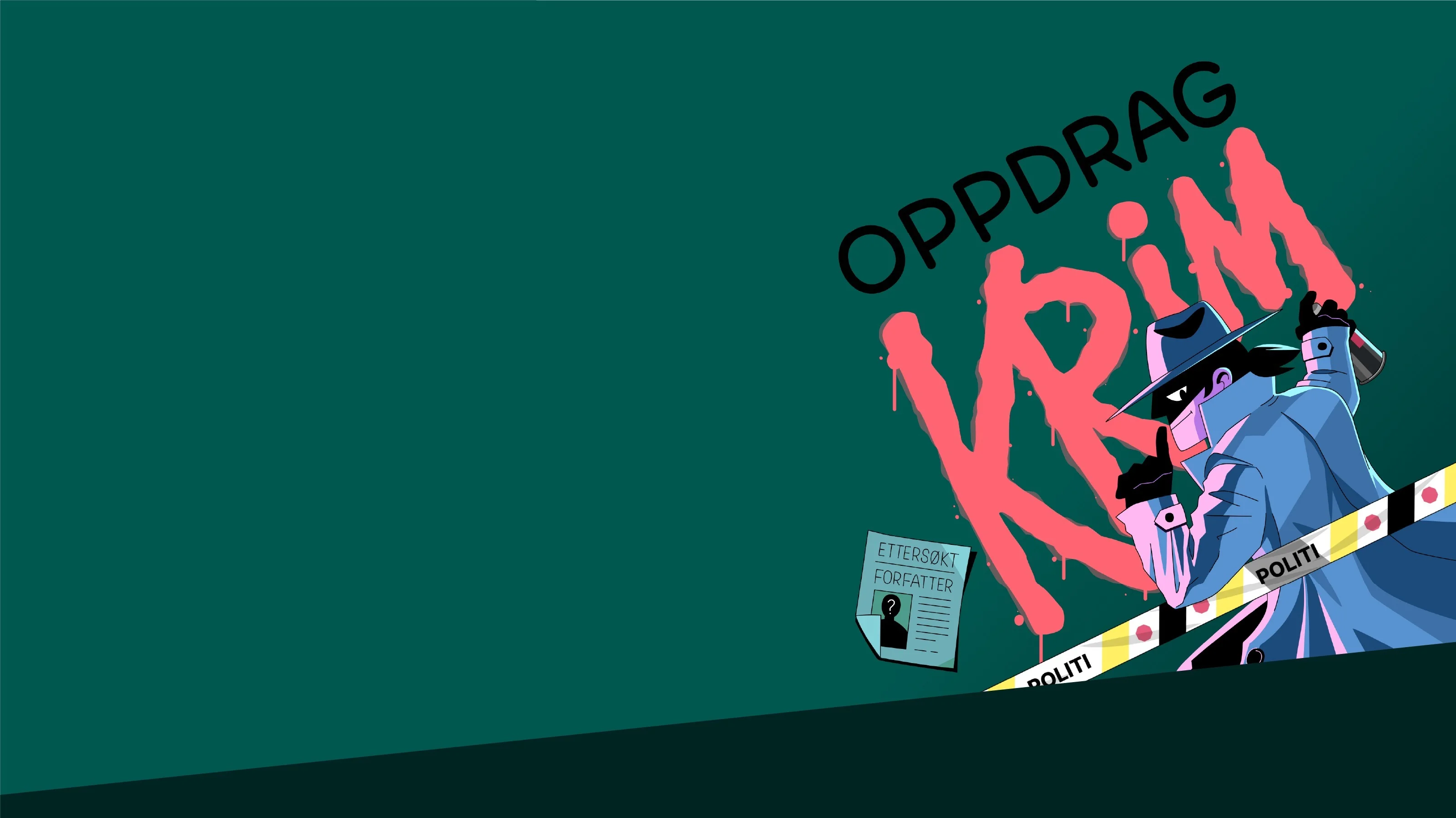 Bildet viser et grønt felt der en tegneseriefigur av en detektiv bak et politisperrebånd tagger 