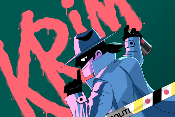 Bildet viser en detektiv som sprayer med ordet "Krim" med rødmaling på en grønn vegg bak en politisperring. 