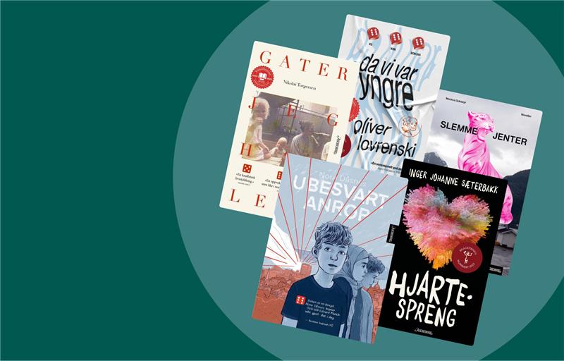 Bildet viser fem bokomslag, skjønnlitterære titler, i en grønn sirkel.