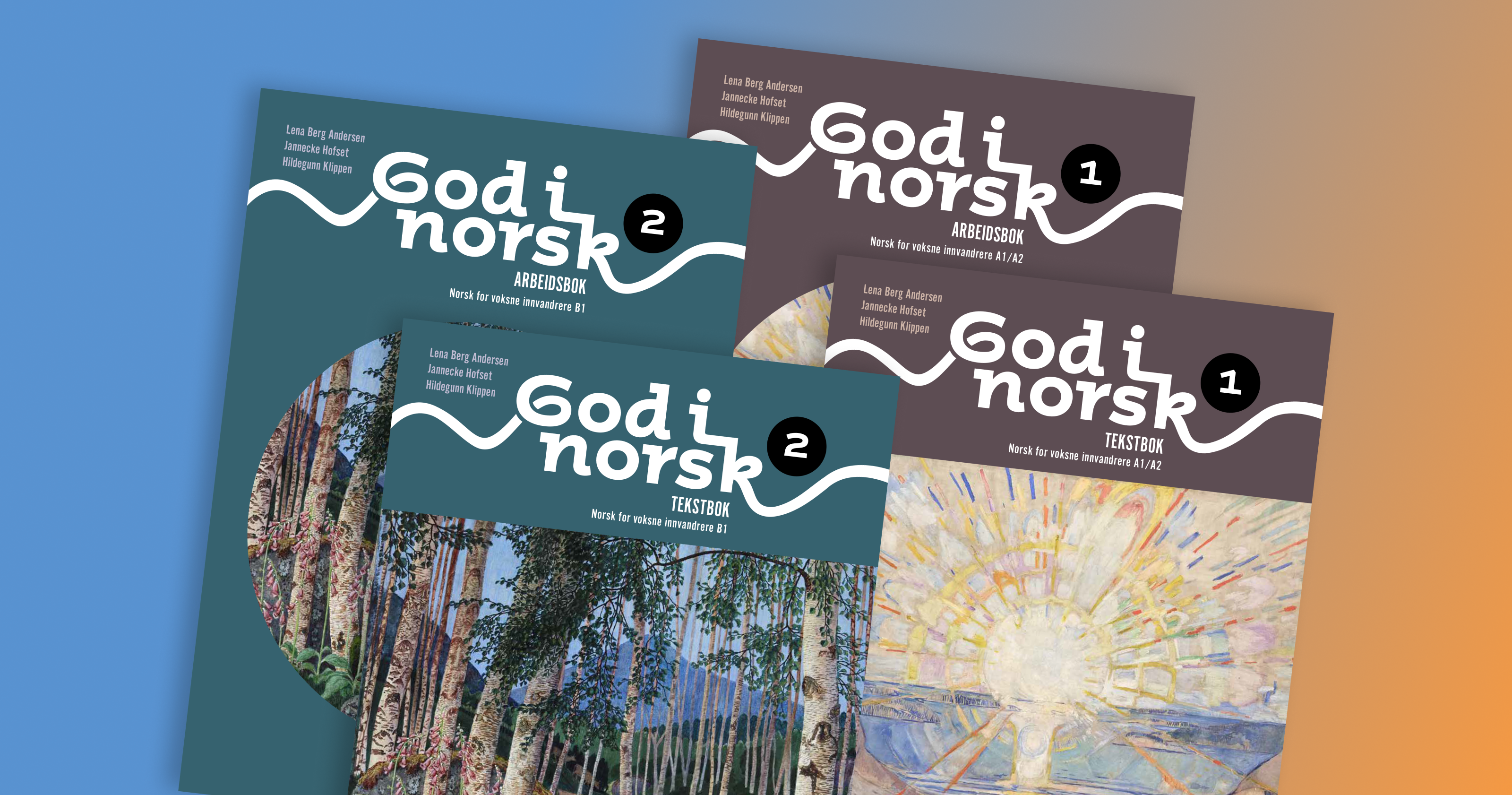 Bildet viser omslagene til God i norsk 1 og God i norsk 2 mot en blå bakgrunn som glir over i oransje.
