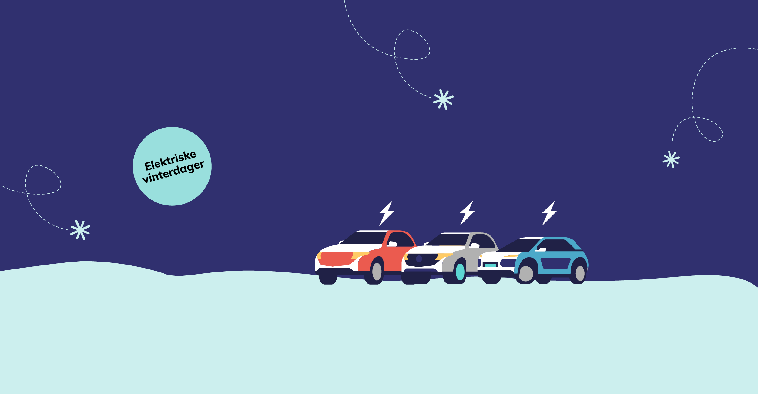 Grafikk med snø, vinterhimmel og biler