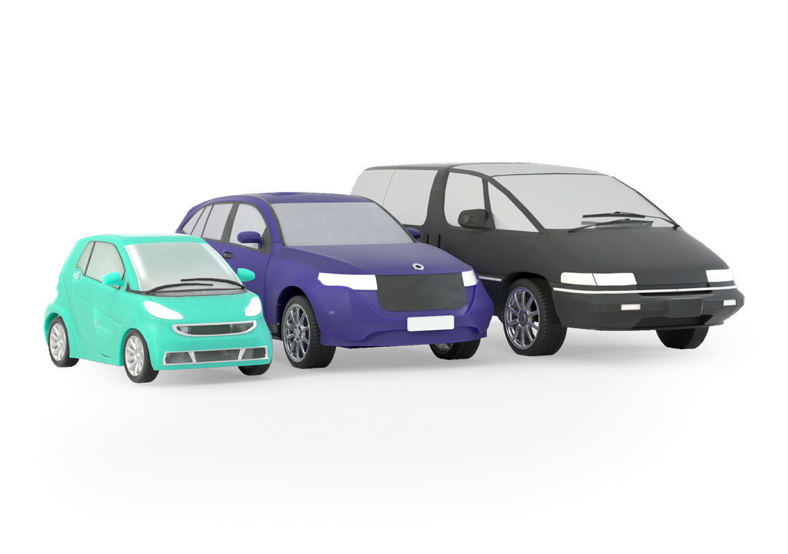 Illustrasjon av tre biltyper i grønn, blå og sort