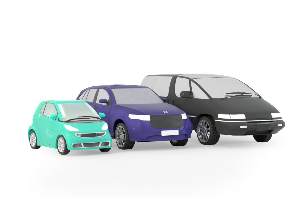 Illustrasjon av 3 ulike biltyper å velge mellom i grønn, blå og svart farge.