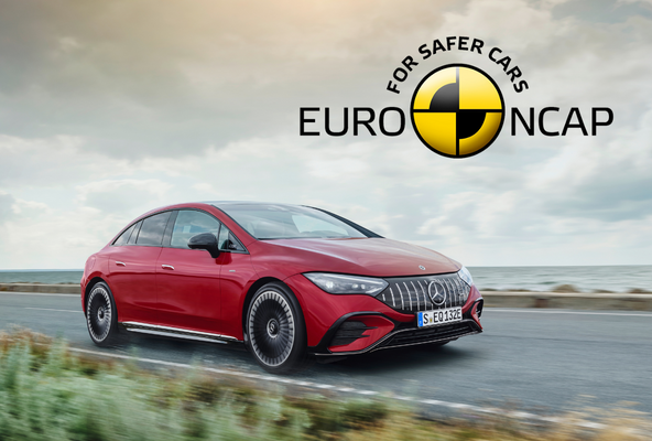 Euro NCAP-logo sammen med EQE 53 fra Mercedes-AMG.