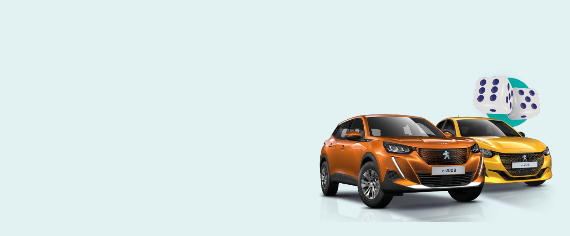 To Peugeoter i orange og gul med terningkast.