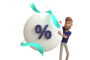 Bertelfigur i 3D og prosent-tegn som illustrerer prisavslag.