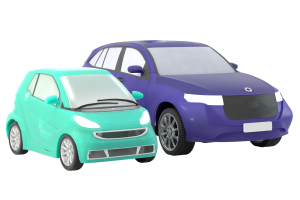 Illustrasjon av nye biler i grønn og blå.