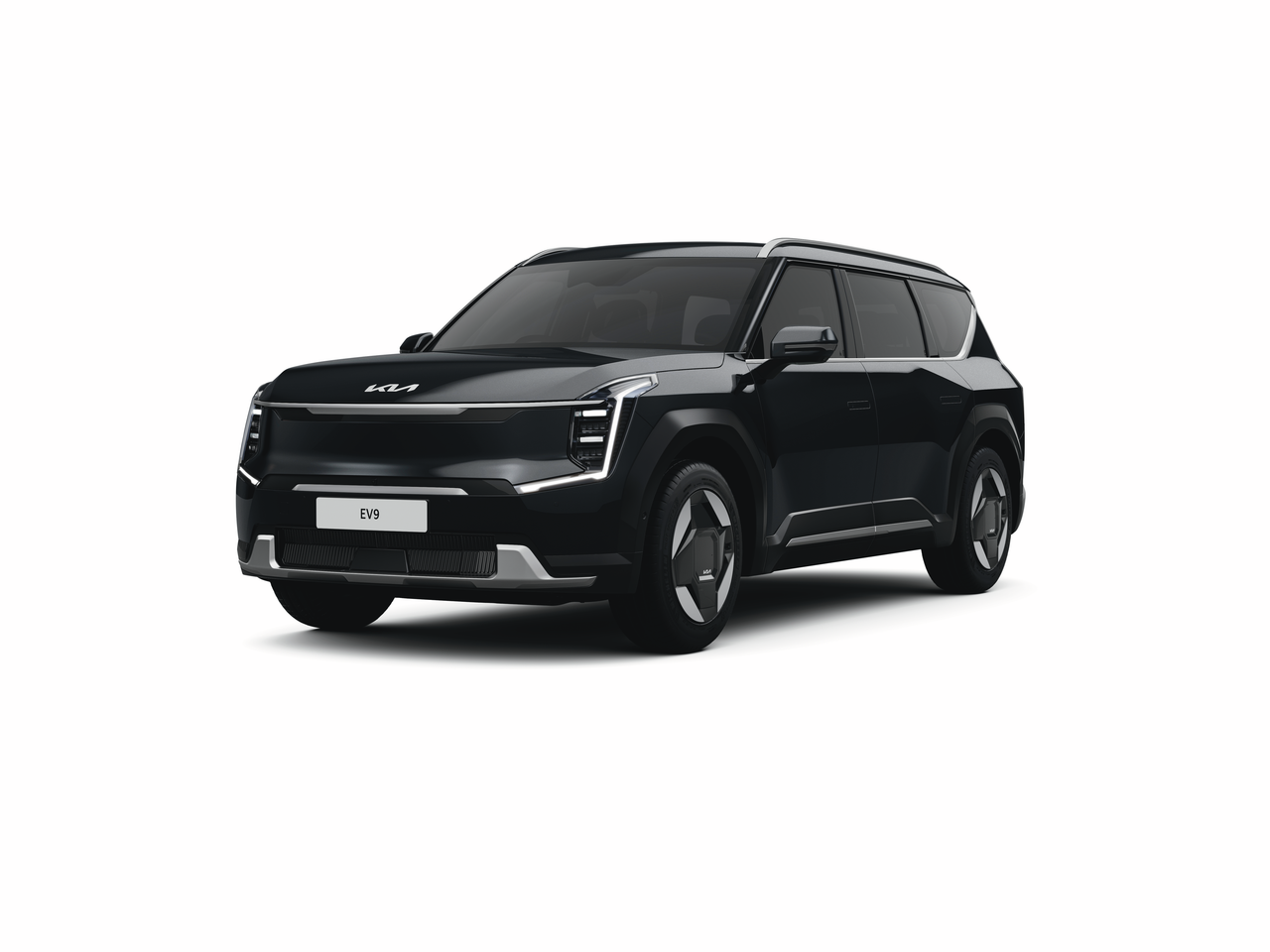 Sort Kia EV9 skrå vinkel forfra på hvit bakgrunn