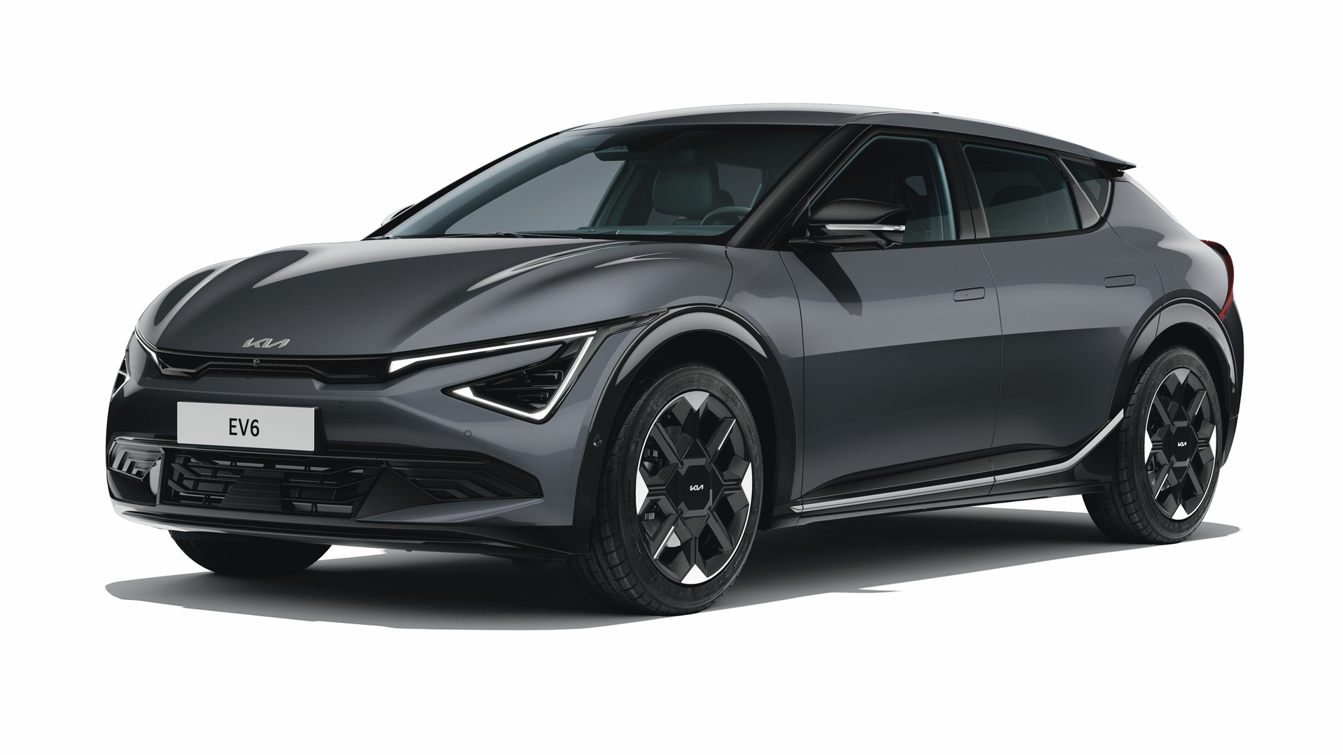 Kia EV6 i fargen Interstellar Gray på hvit bakgrunn