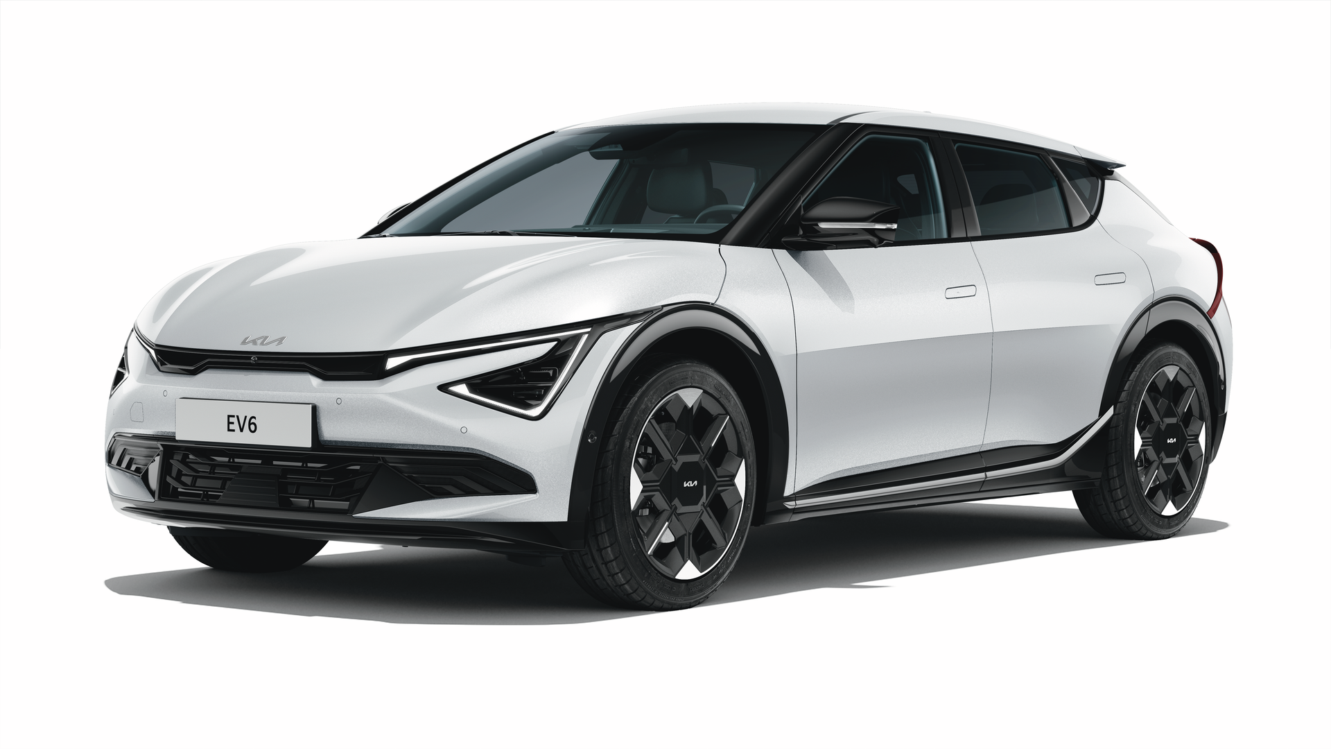Kia EV6 I fargen Snowwhite Pearl på hvit bakgrunn