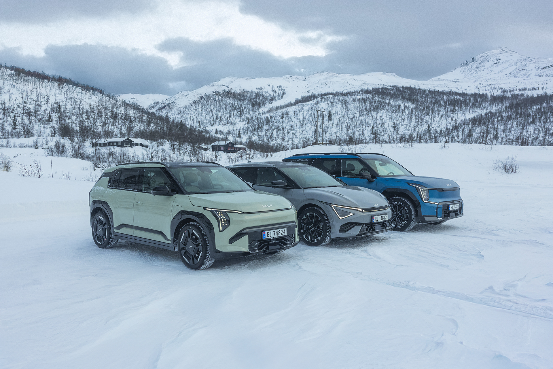 Kia Ev3, Ev6 og Ev9 oppstilt ved siden av hverandre