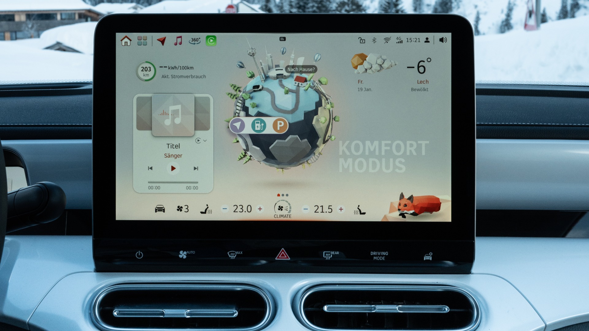 Interiør i en smart med Drive Setup og komfortmodus vist på berøringsskjermen