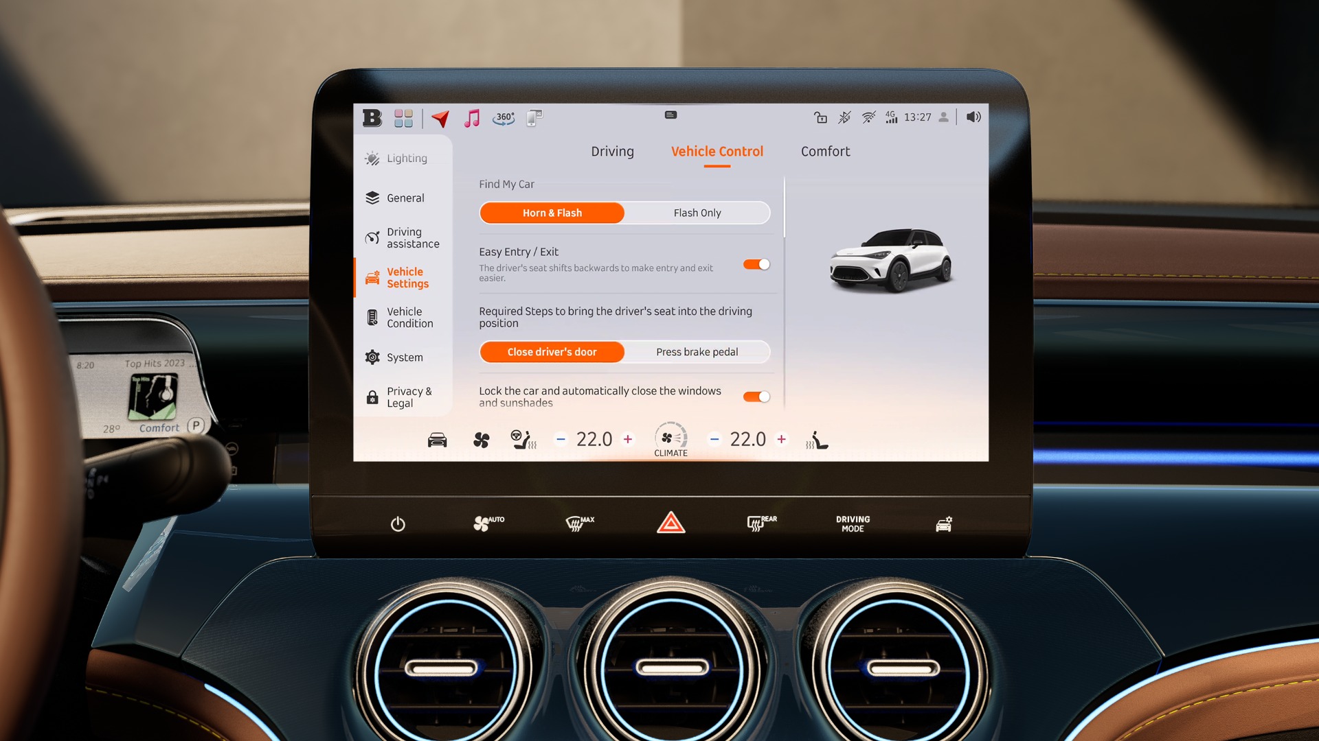 Berøringsskjermen i en smart viser Easy Entry/Exit-innstillinger for automatisk setetilpasning