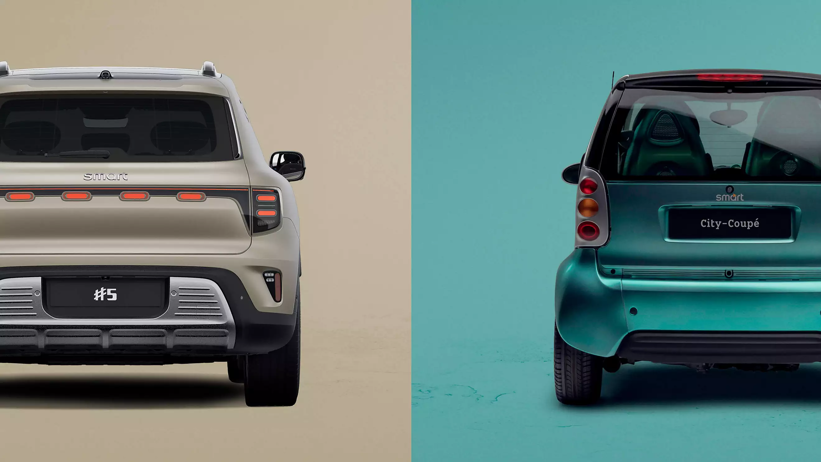 smart #5 og original smart City-Coupé sett bakfra side om side