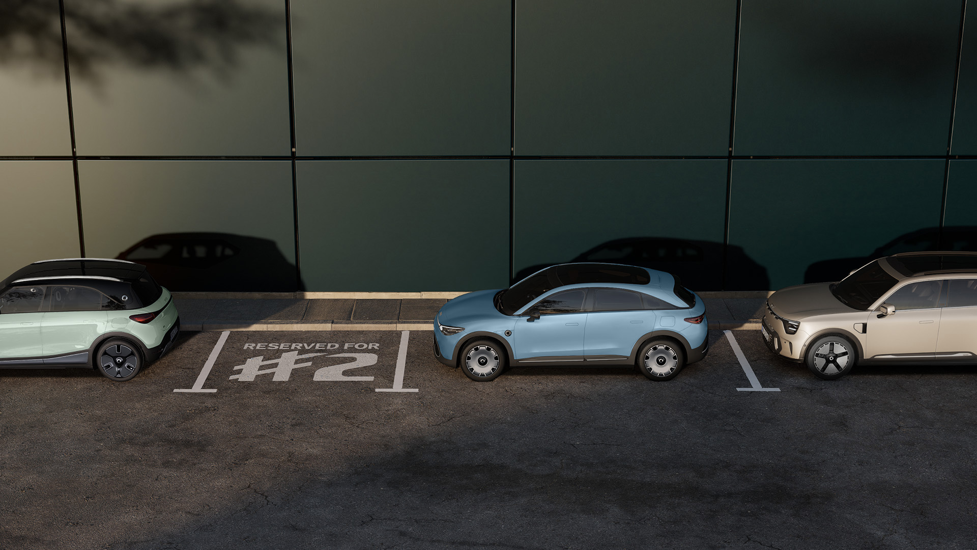 smart #1, smart #3 og smart #5 parkert ved siden av en ledig plass for smart #2