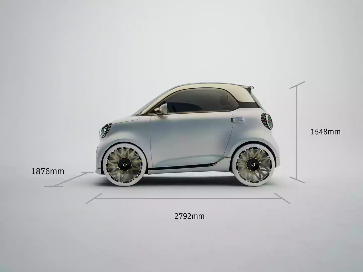 smart Concept #2 vist fra siden med kompakte proporsjoner og mål på bilen