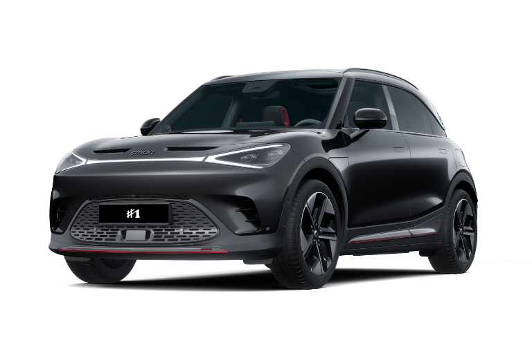 smart #1 BRABUS i svart metallic lakk med sportslige rød designdetaljer