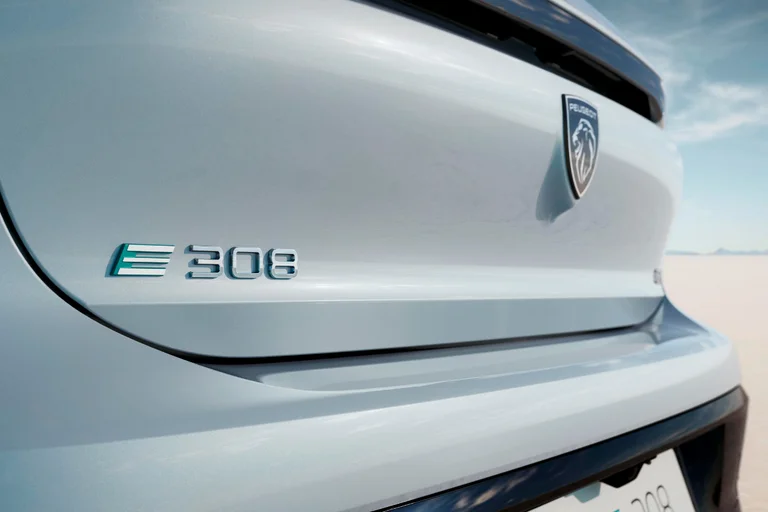 E-308 logo og skrift på elbilen sett bakfra.