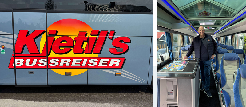 Bilde av logoen til Kjetil's bussreiser og portrett av Kjetil inne i en buss