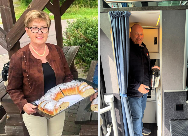 Bilde av kvinne med hjemmebakt kringle og mann i busskjøkken