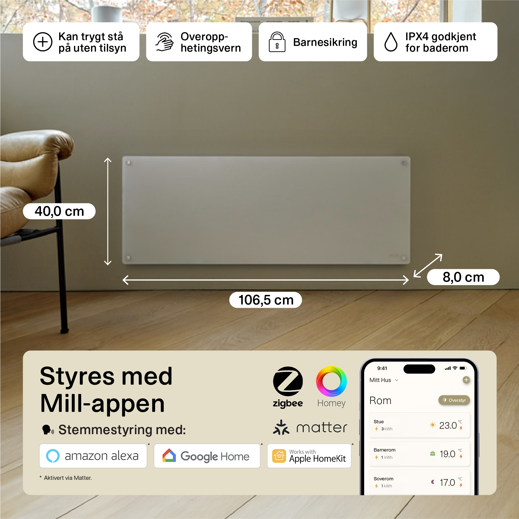 PANELOVN GLASS WIFI GEN4 1300W HVIT